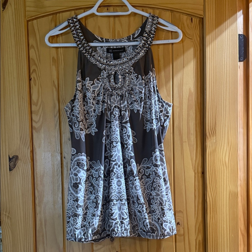 INC International Concepts Gray and White Embellished Blouse
